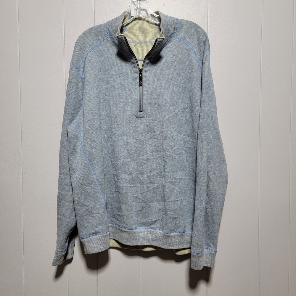 Tommy Bahama‎ Mens Pullover Sweater Light Blue Quarter Zip Embroidered Logo
